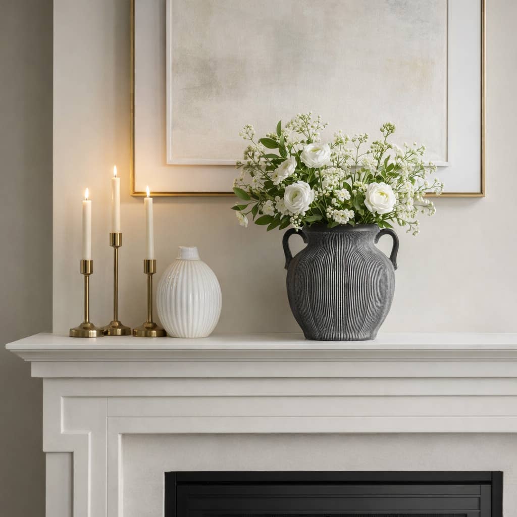 Ceramic Ribbed Texture Weathered Handle Vase - Black, 10 in.