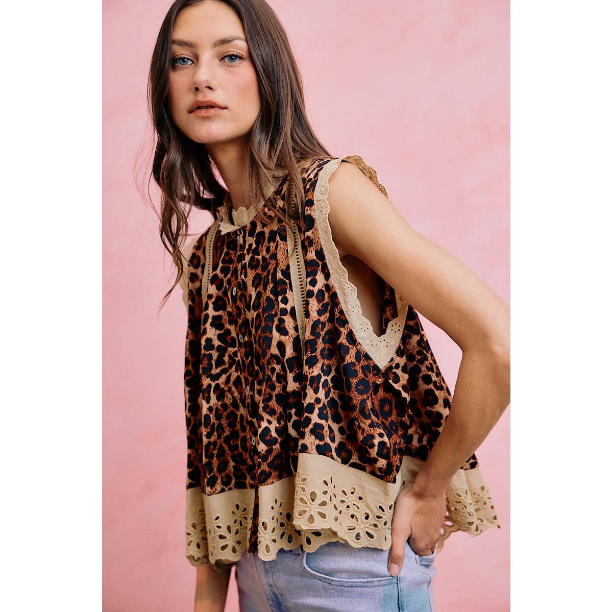 LEOPARD BTN UP PLEATED TOP