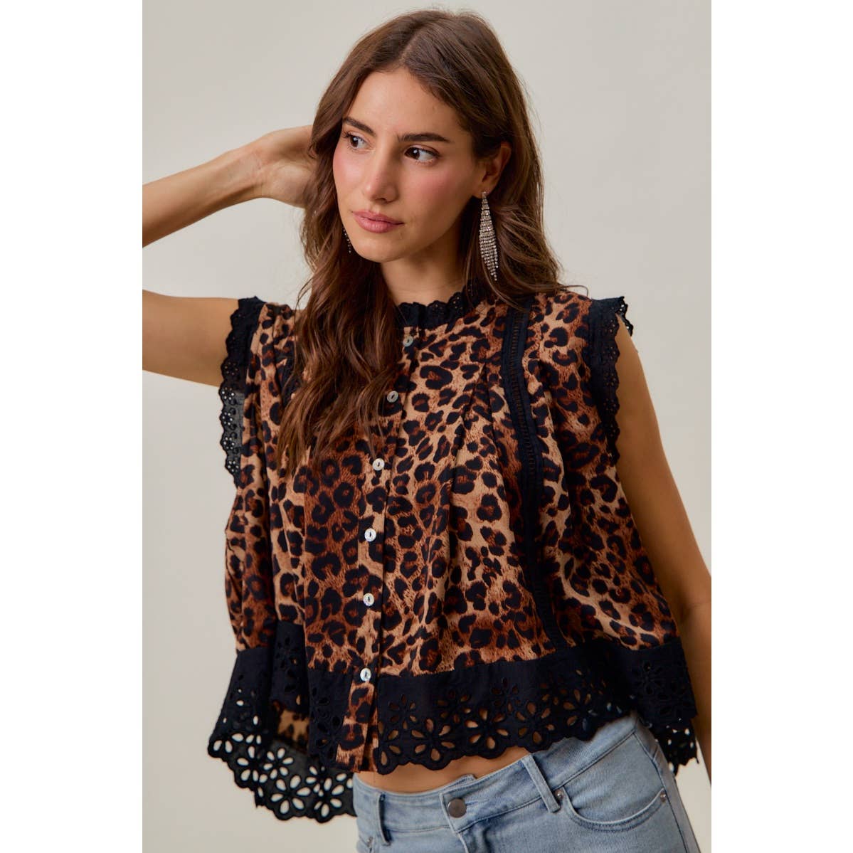 LEOPARD BTN UP PLEATED TOP