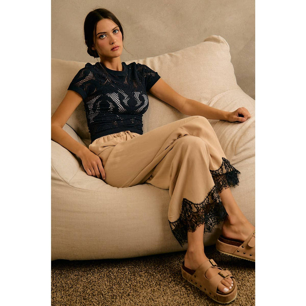 LINEN BLEND LACE TRIM PANTS