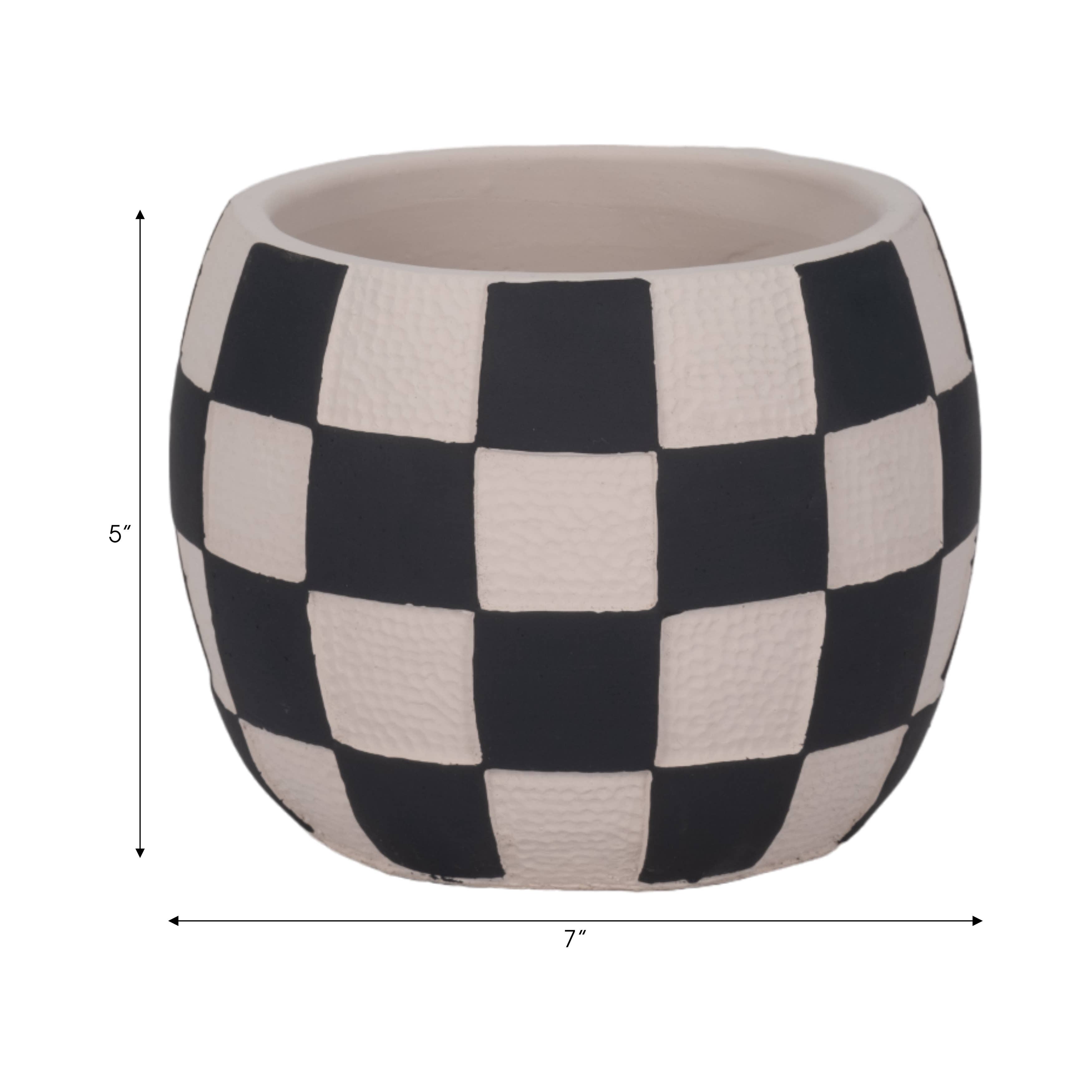 Planter - Black/White Pottery Checkerboard Rounded, 7 in.