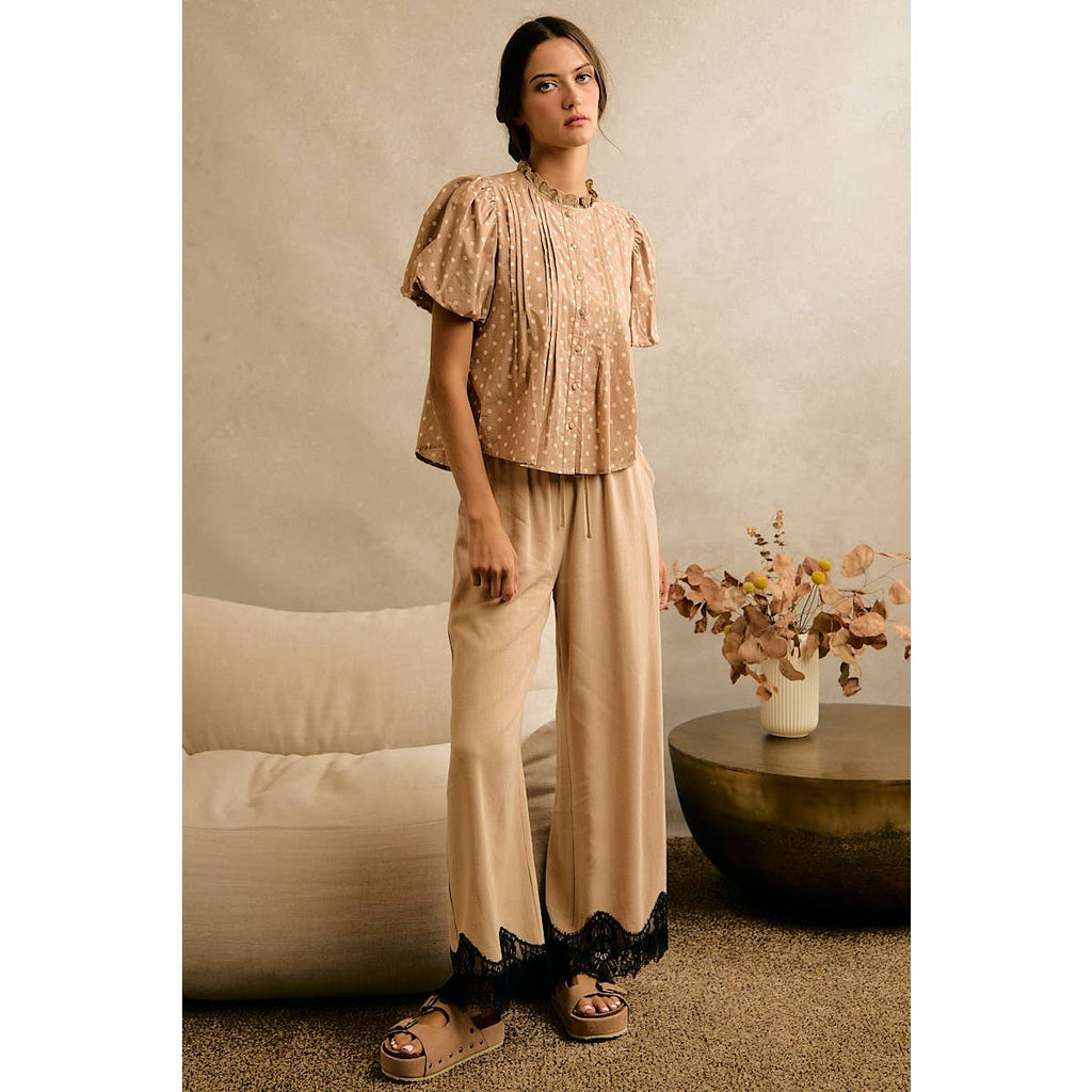 LINEN BLEND LACE TRIM PANTS