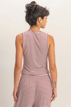 Striped Button-front Crew Neck Sleeveless Top-Dark Red
