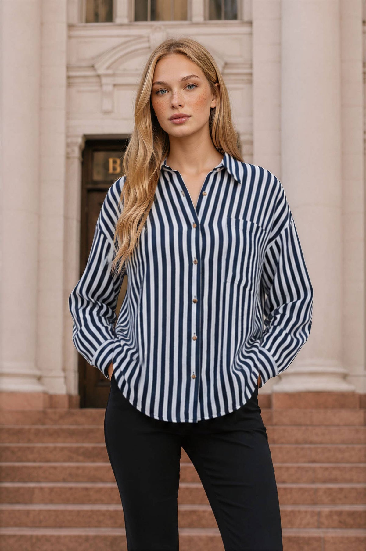 STRIPED COLLARED BTN DWN