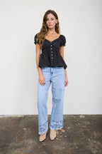 V NECK LACE PUFF SLEEVE TOP