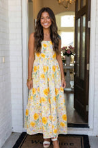 Floral Stitched Knot Denim Straps Maxi Dress