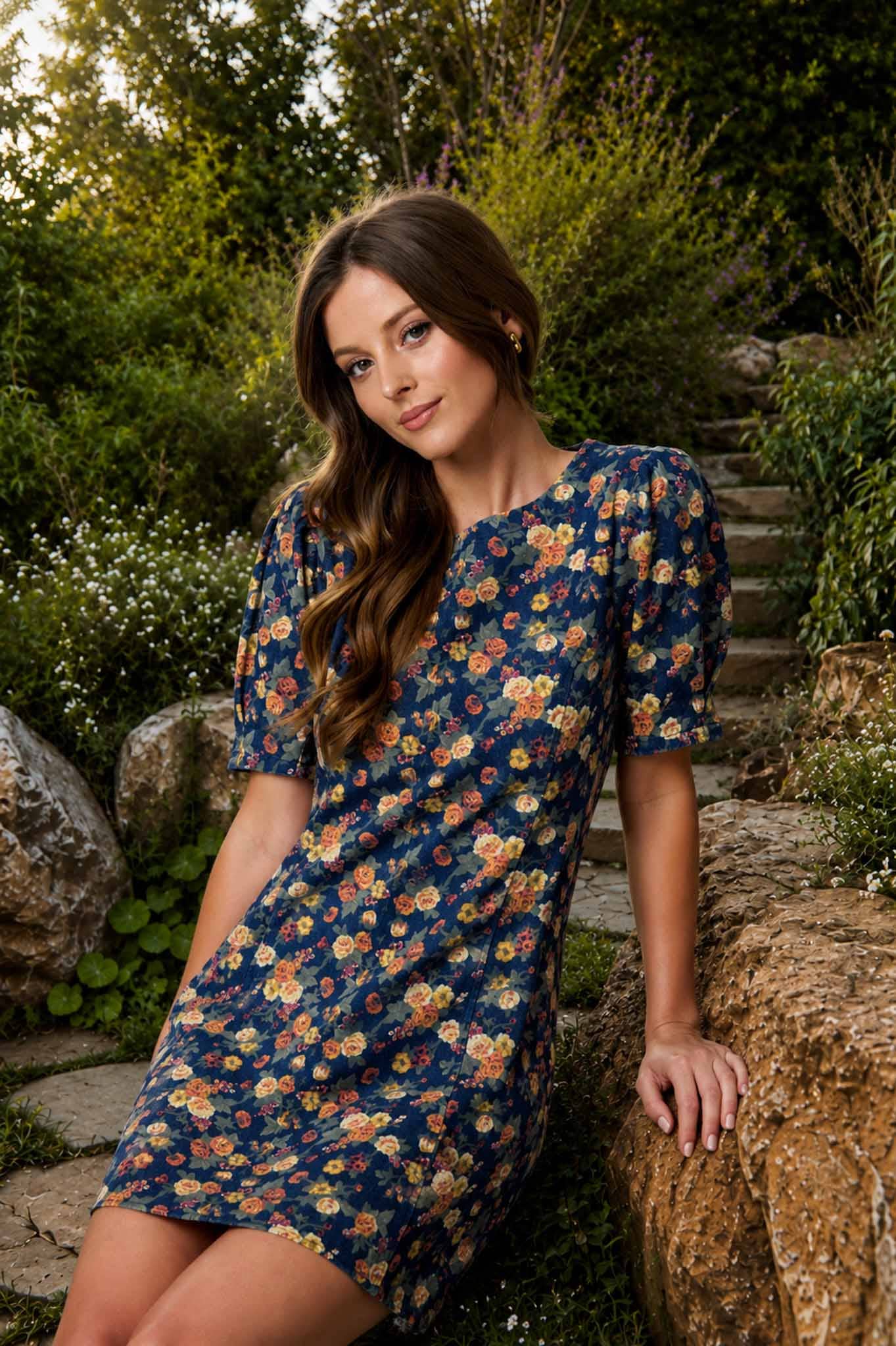 FLORAL PUFF SLEEVE DENIM MINI DRESS