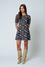 FLORAL PUFF SLEEVE DENIM MINI DRESS