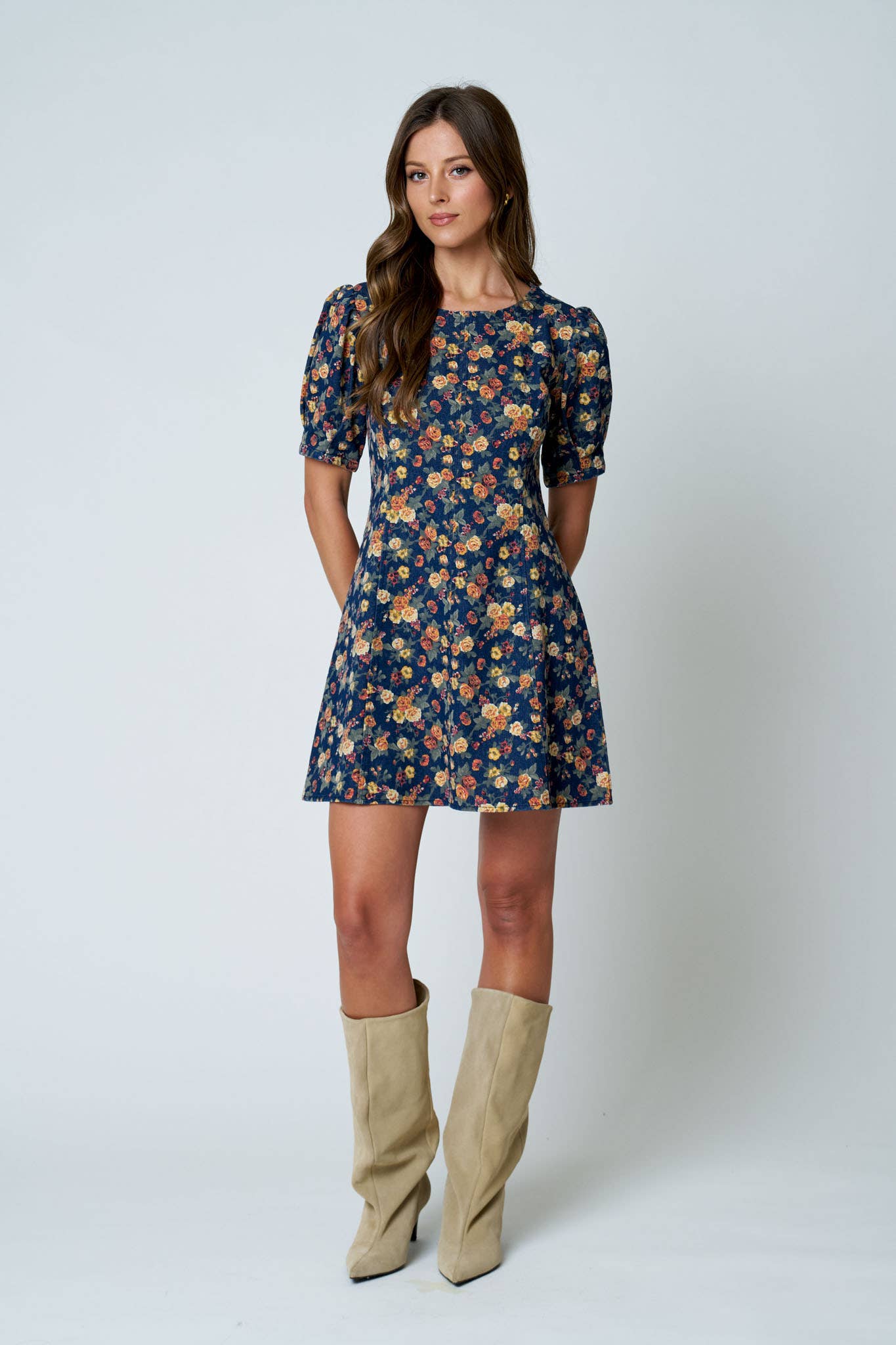 FLORAL PUFF SLEEVE DENIM MINI DRESS