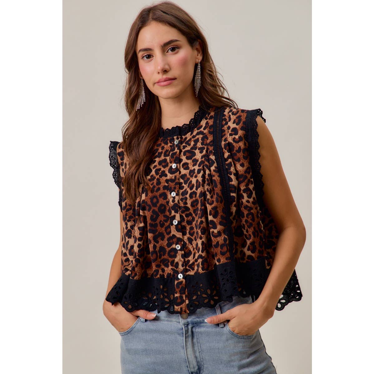 LEOPARD BTN UP PLEATED TOP
