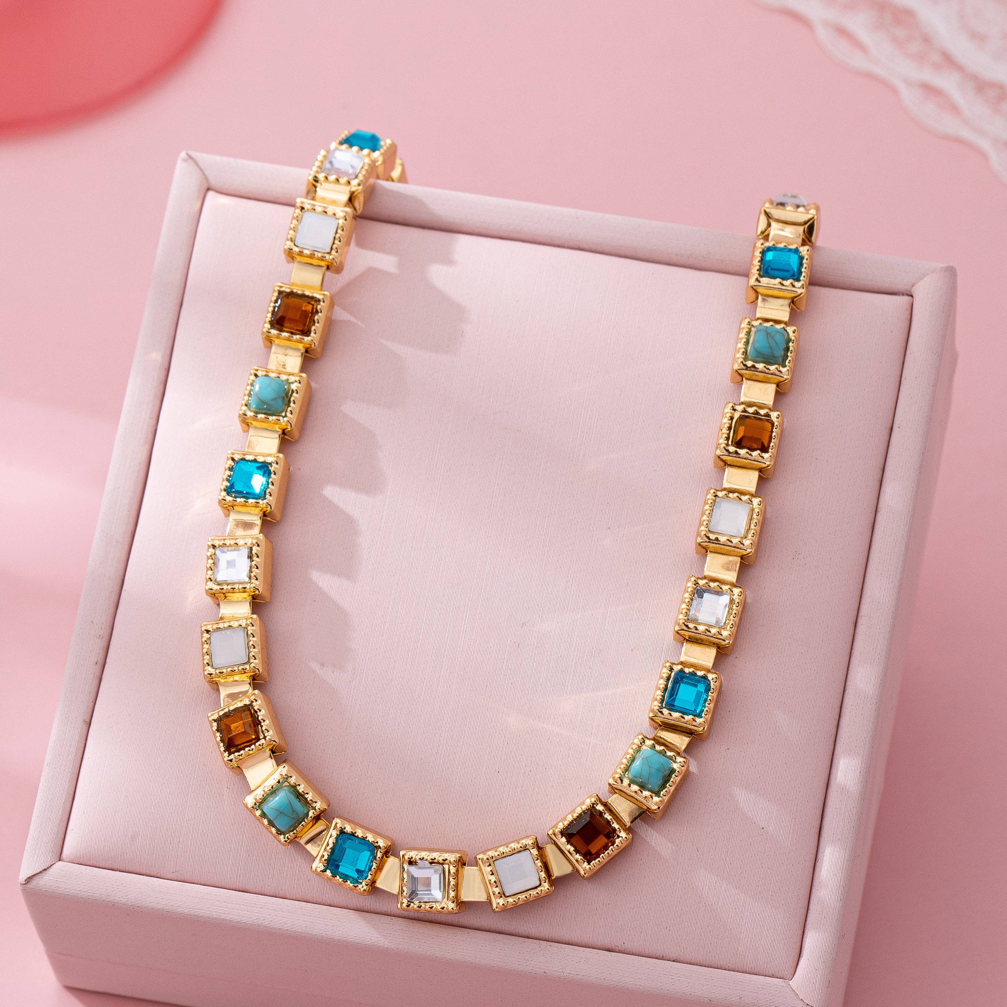 Multicolor Square Gemstone Long Necklace | 80N92826