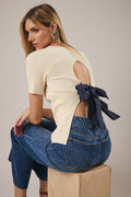 ROUND NECK HALF SLEEVE BACK TIE KNIT TOP