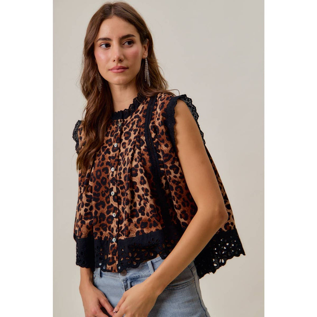 LEOPARD BTN UP PLEATED TOP