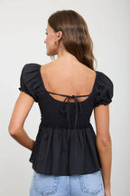 V NECK LACE PUFF SLEEVE TOP