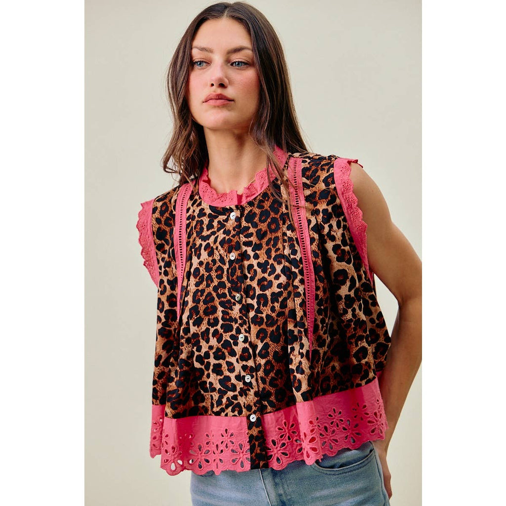 LEOPARD BTN UP PLEATED TOP