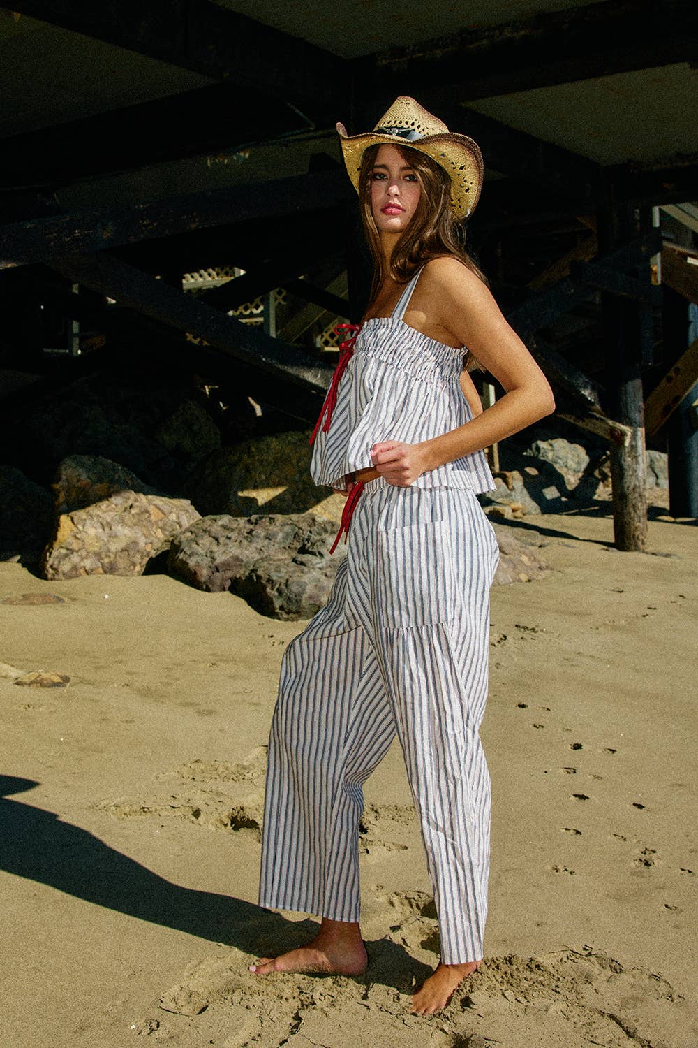 Self Tie Front Stripe Print Tank Top