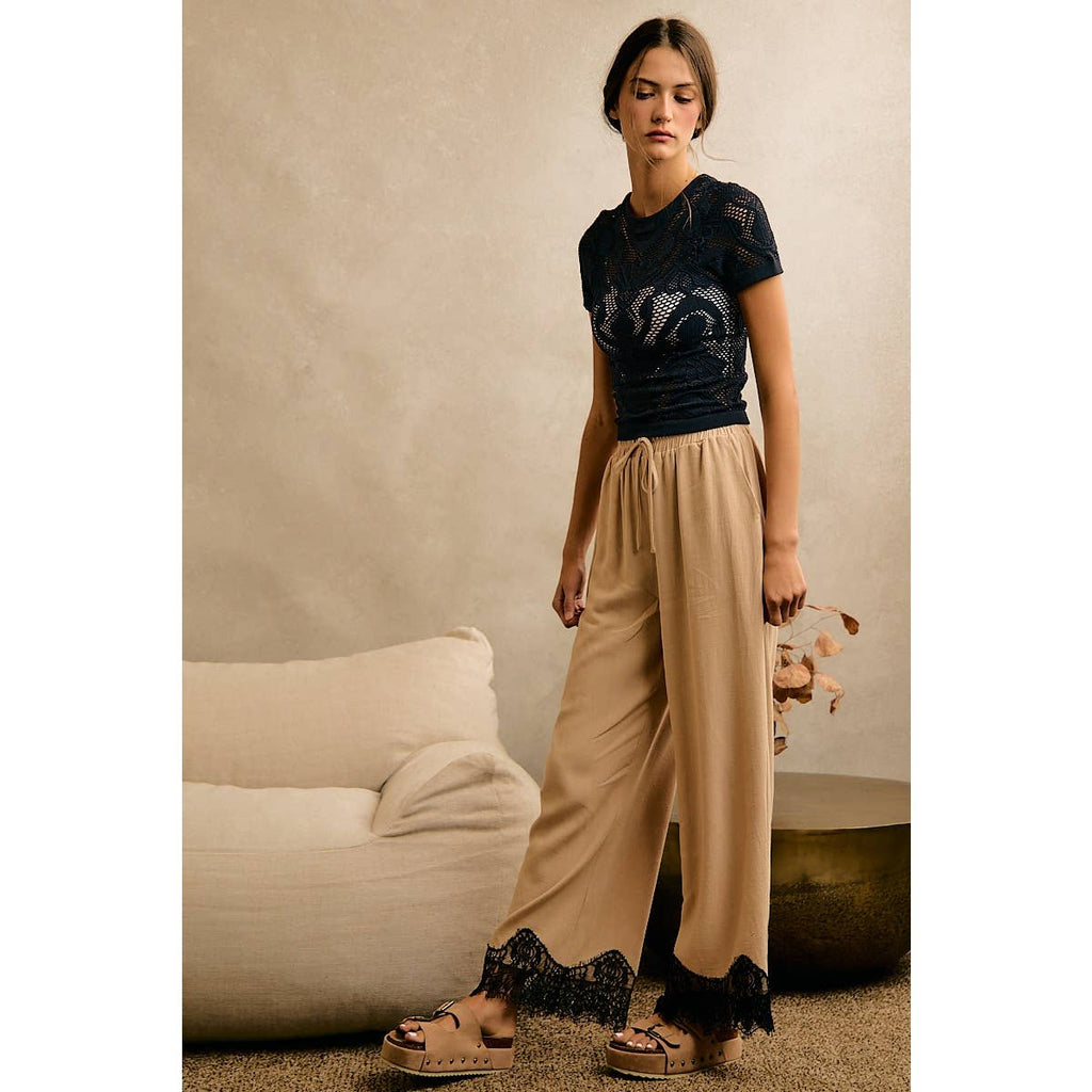 LINEN BLEND LACE TRIM PANTS