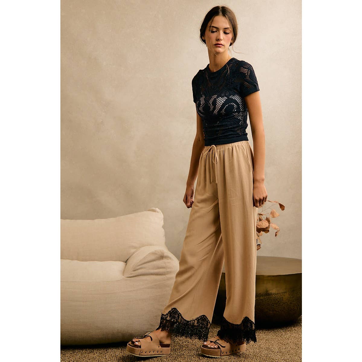 LINEN BLEND LACE TRIM PANTS