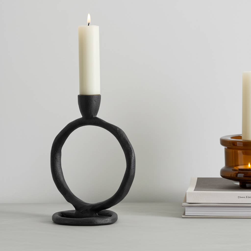Metal Round Ring Taper Candle Holder - Black, 8 in.