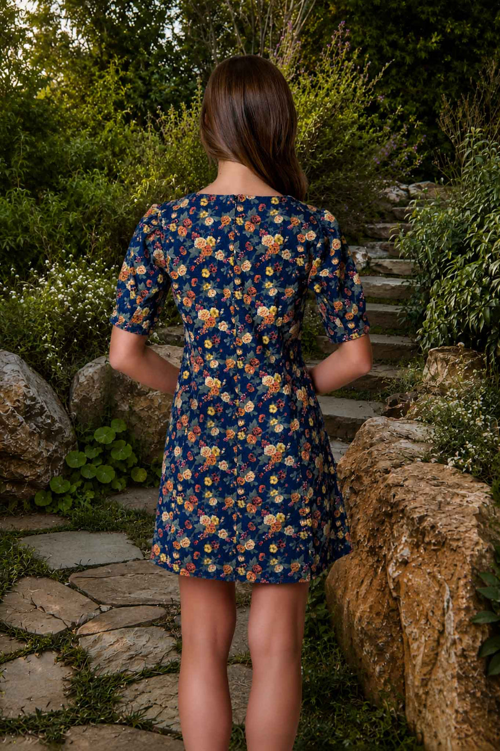 FLORAL PUFF SLEEVE DENIM MINI DRESS