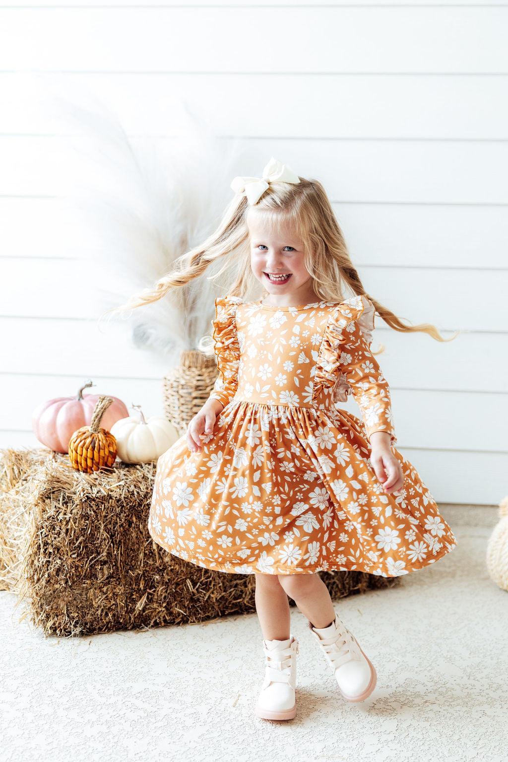 Golden Blooms Ruffle Twirl Dress