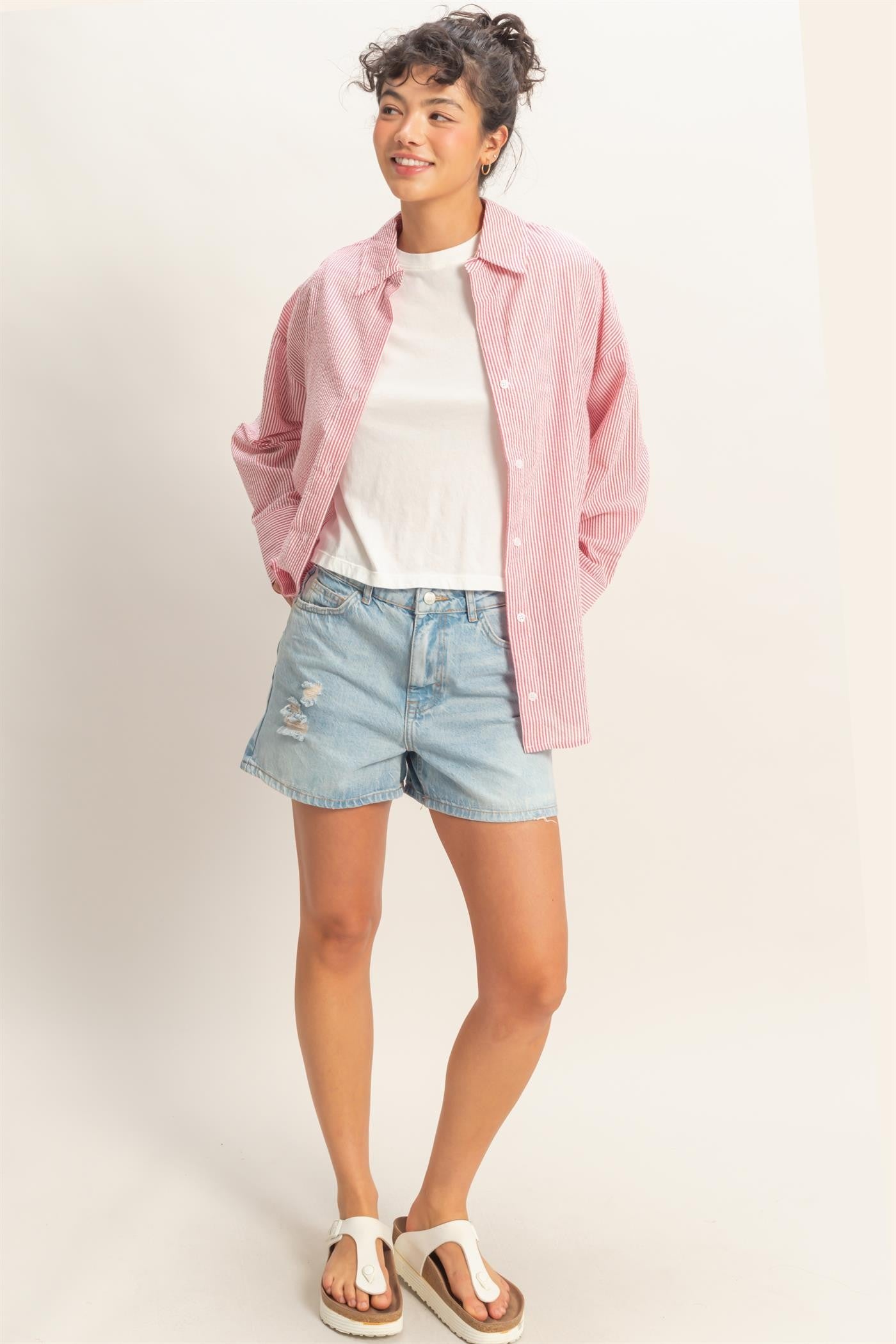 Striped Button-up Shirt-Red