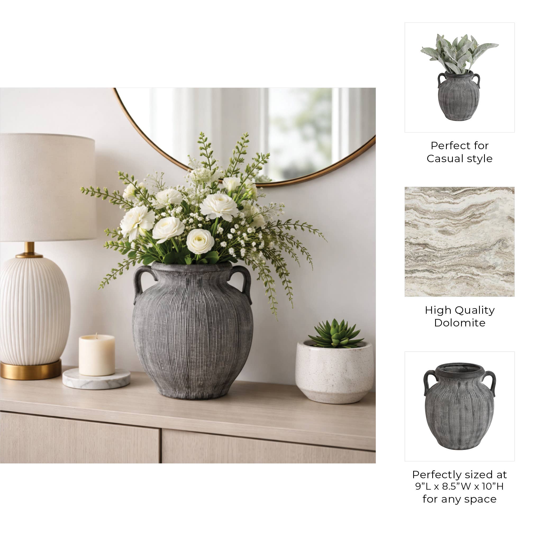Ceramic Ribbed Texture Weathered Handle Vase - Black, 10 in.