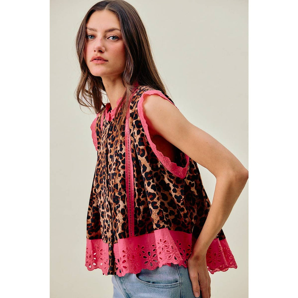 LEOPARD BTN UP PLEATED TOP