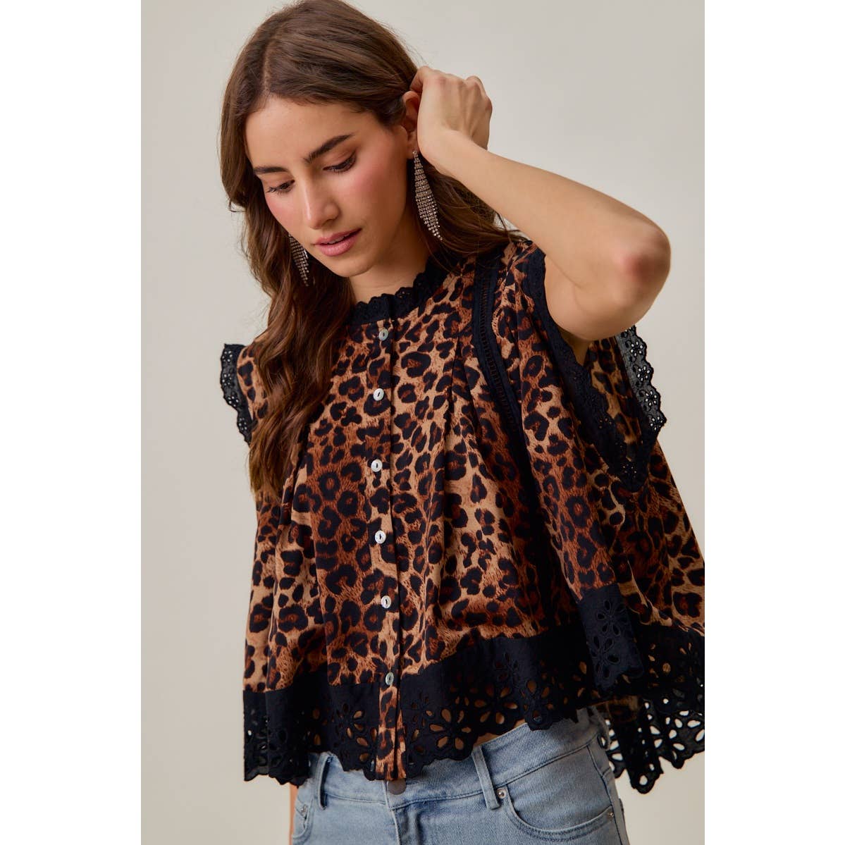LEOPARD BTN UP PLEATED TOP