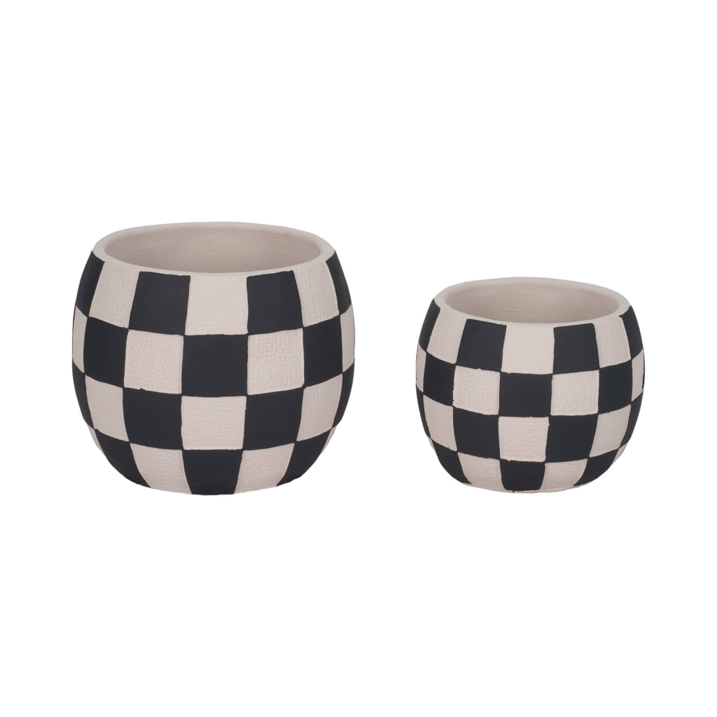 Planter - Black/White Pottery Checkerboard Rounded, 7 in.
