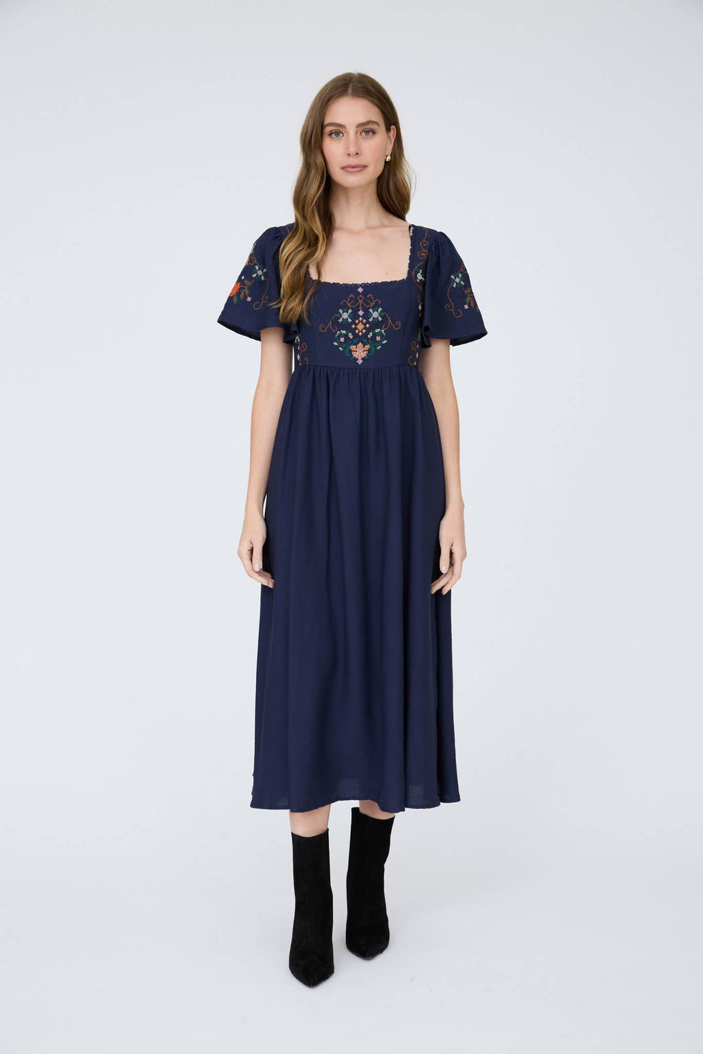 EMBROIDERY BELL SLV MIDI DRESS