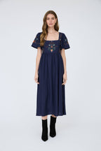 EMBROIDERY BELL SLV MIDI DRESS