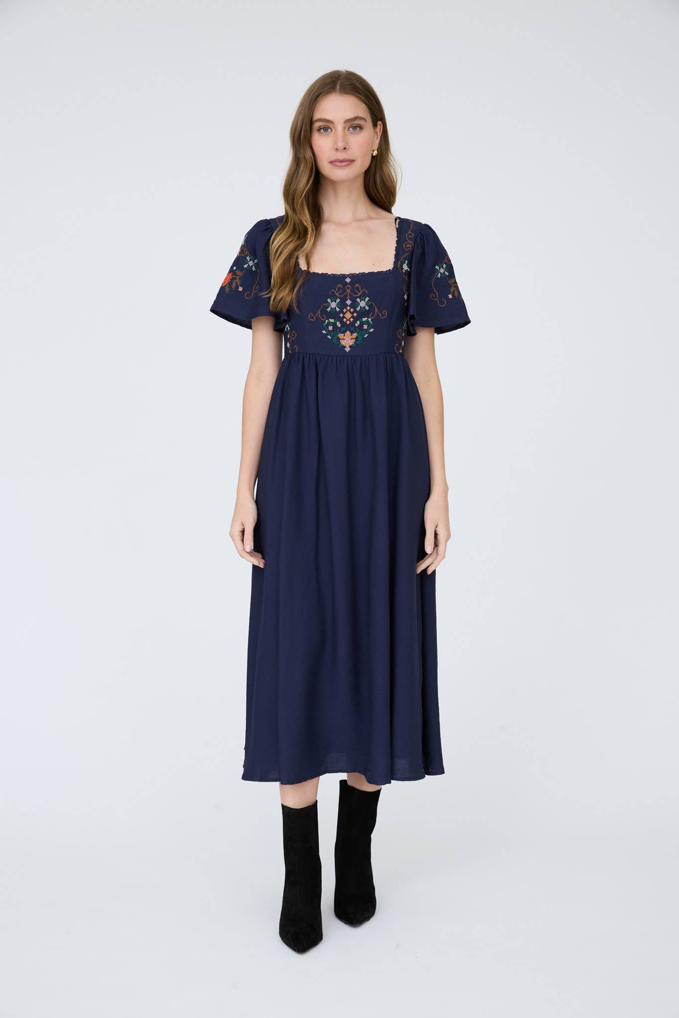 EMBROIDERY BELL SLV MIDI DRESS