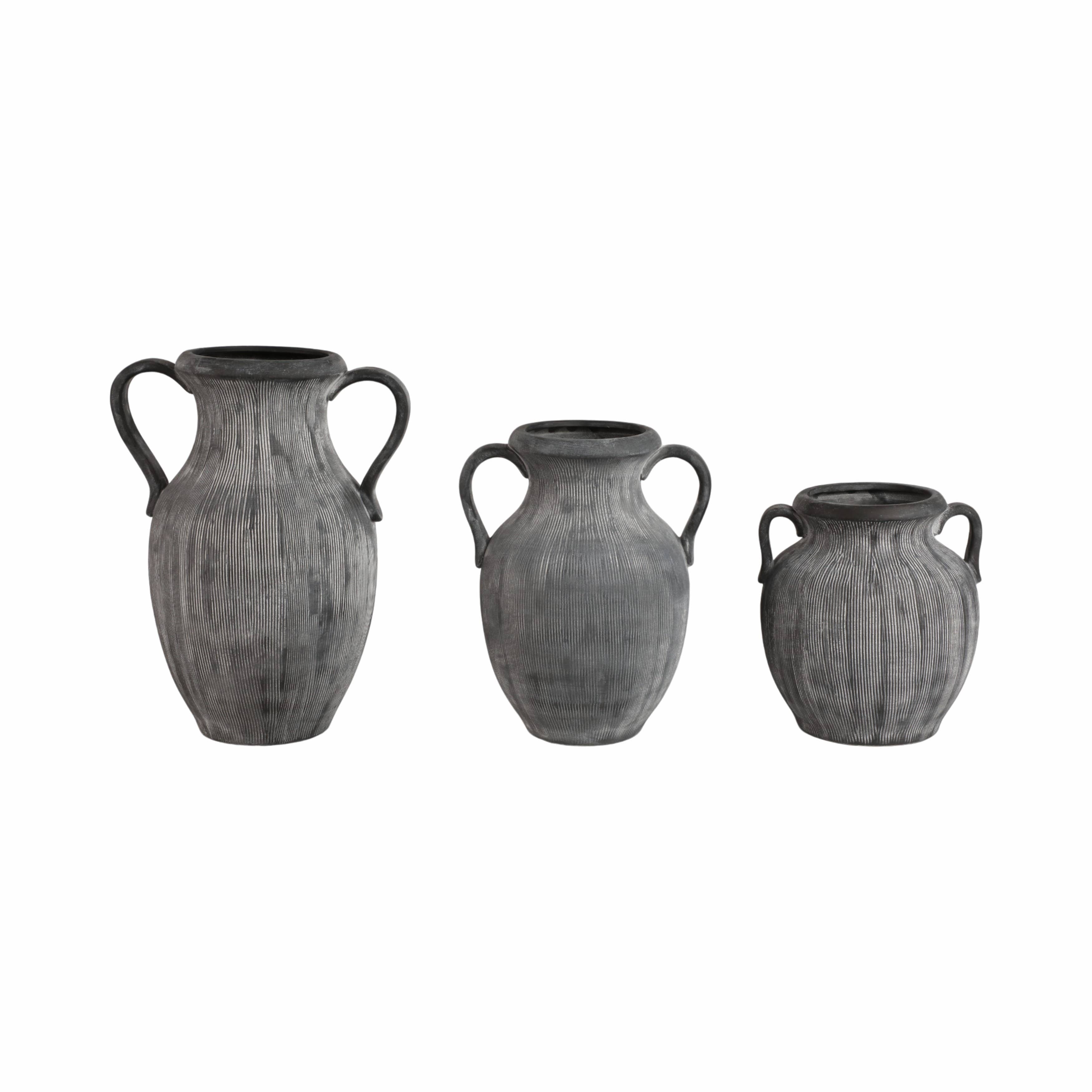 Ceramic Ribbed Texture Weathered Handle Vase - Black, 10 in.