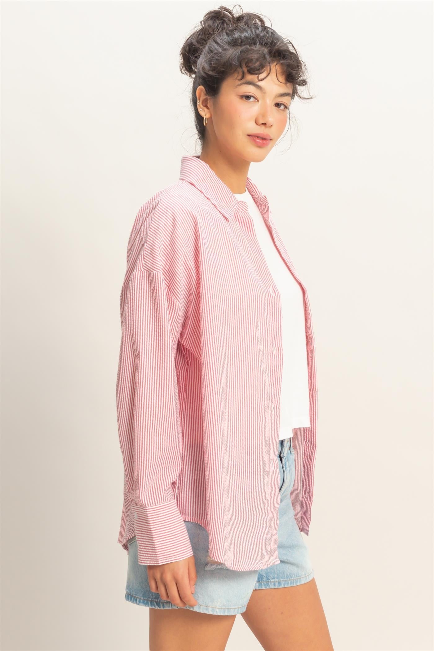 Striped Button-up Shirt-Red