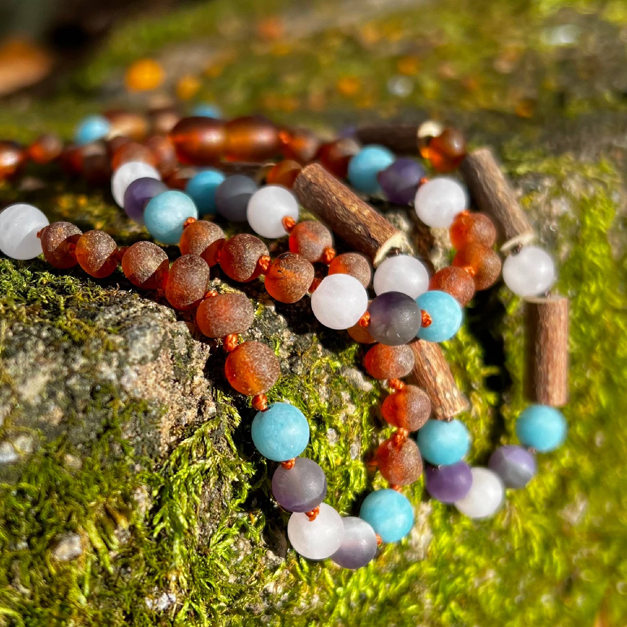 Mermaid Gems + Raw Baltic Amber Beaded Necklace: Standard Hang Tag / 10-11 inches