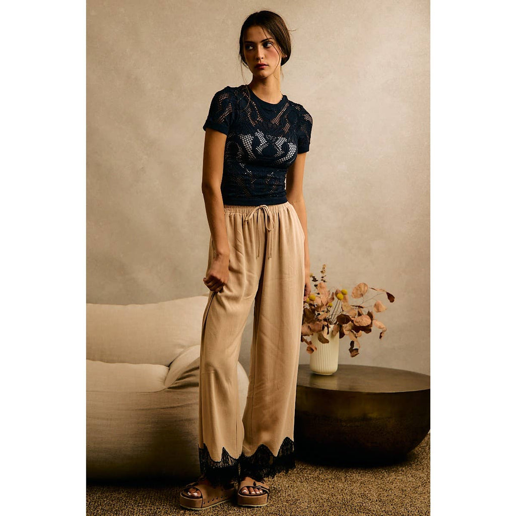 LINEN BLEND LACE TRIM PANTS
