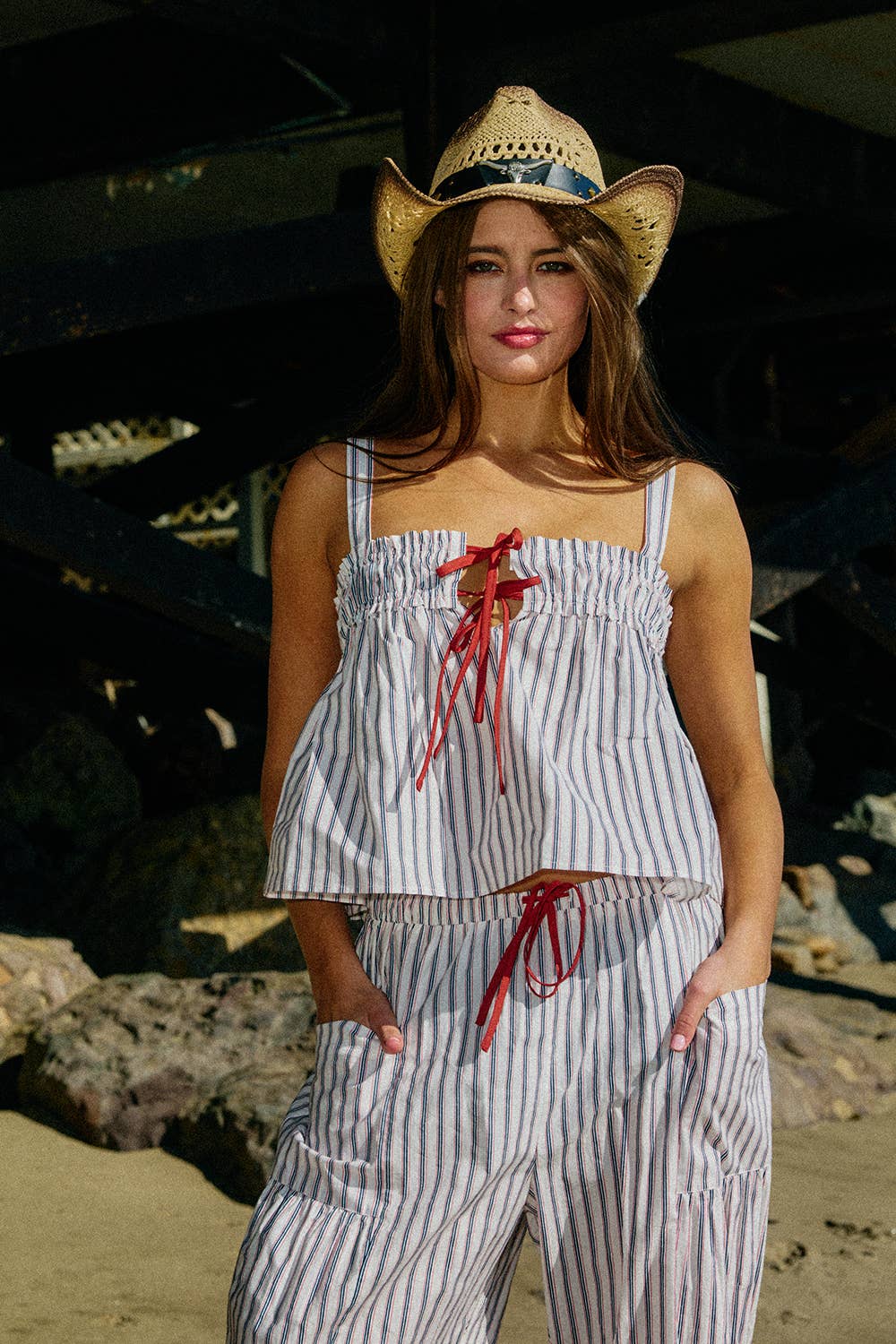 Self Tie Front Stripe Print Tank Top