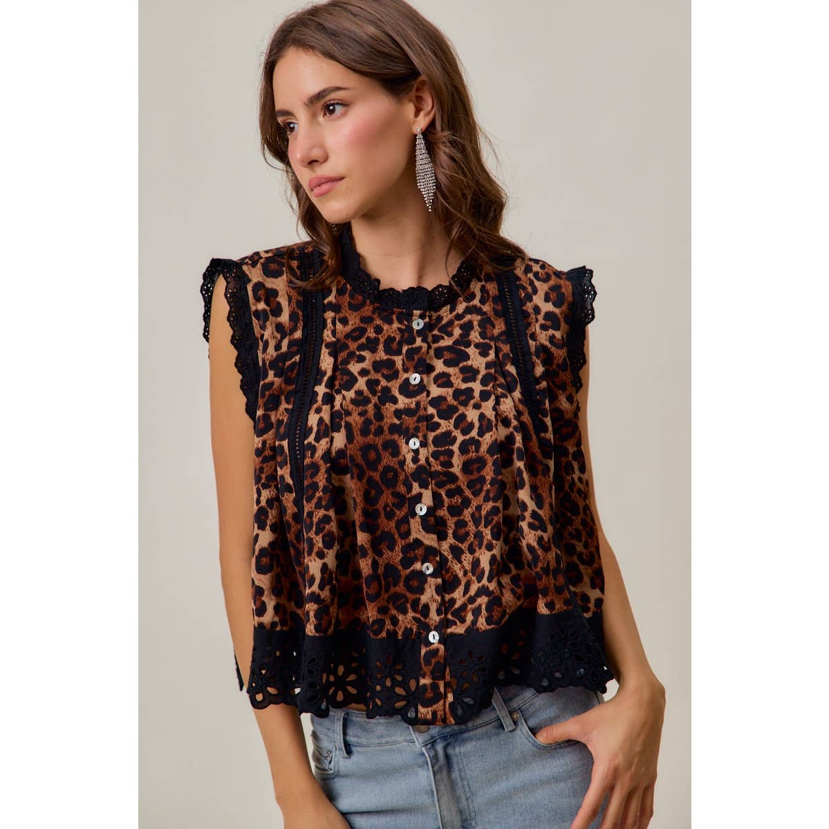 LEOPARD BTN UP PLEATED TOP