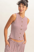 Striped Button-front Crew Neck Sleeveless Top-Dark Red