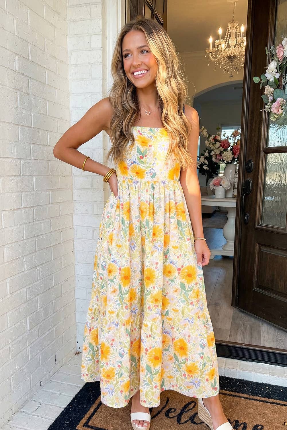 Floral Stitched Knot Denim Straps Maxi Dress