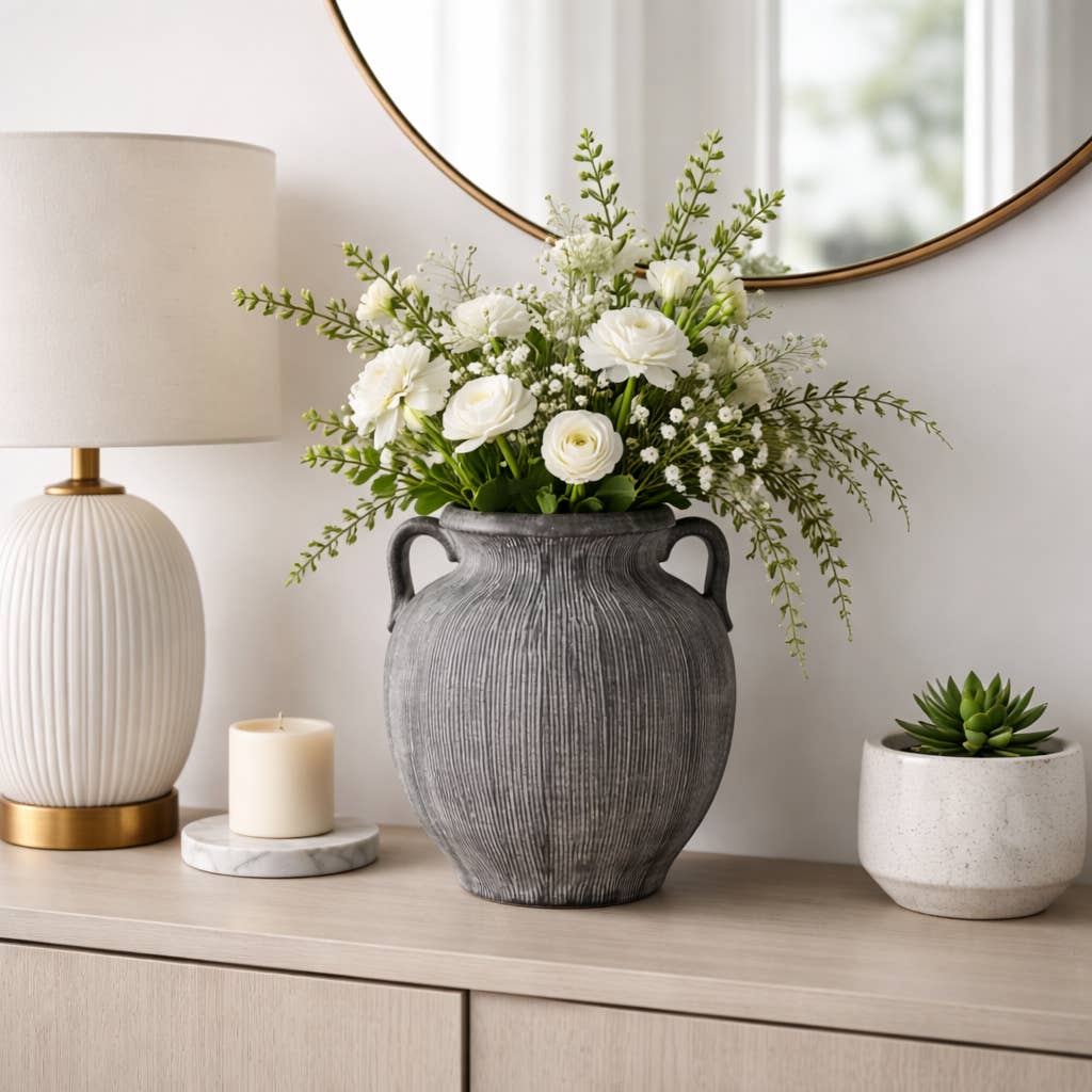 Ceramic Ribbed Texture Weathered Handle Vase - Black, 10 in.