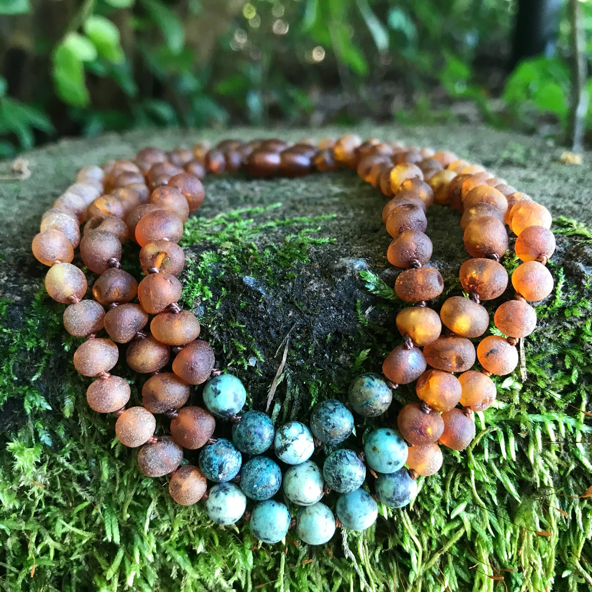 African Turquoise + Raw Baltic Amber Beaded Necklace
