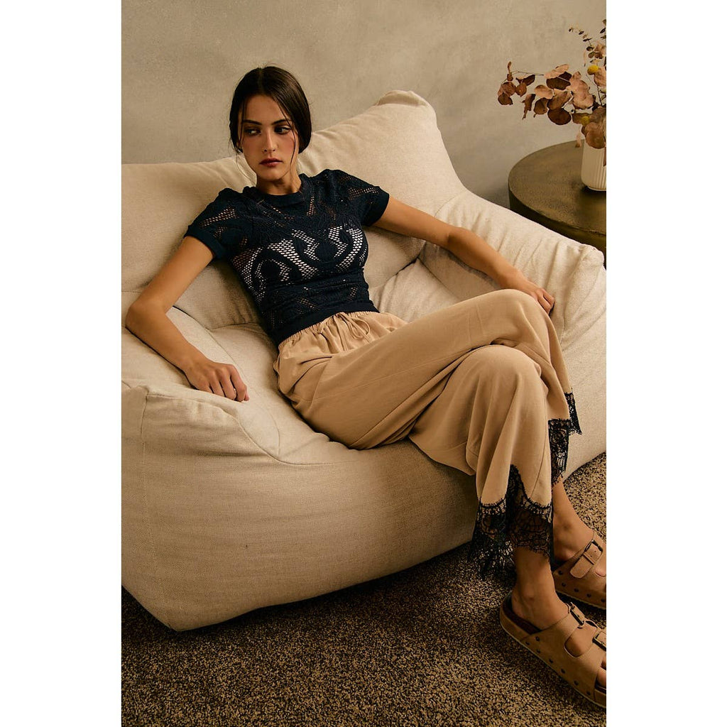 LINEN BLEND LACE TRIM PANTS