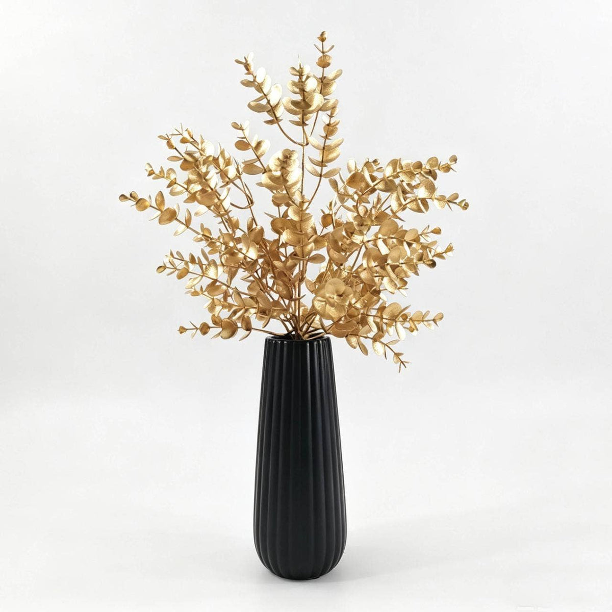 Black Ribbed Vase with Gold Floral Accent, 20"