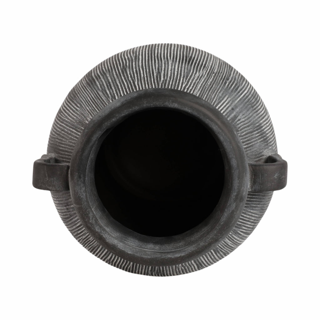 Ceramic Ribbed Texture Weathered Handle Vase - Black, 10 in.