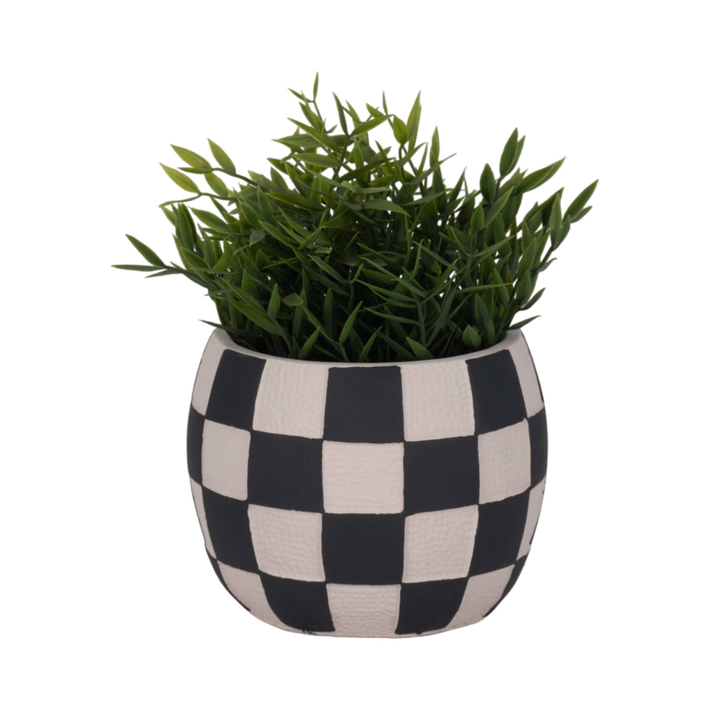 Planter - Black/White Pottery Checkerboard Rounded, 7 in.