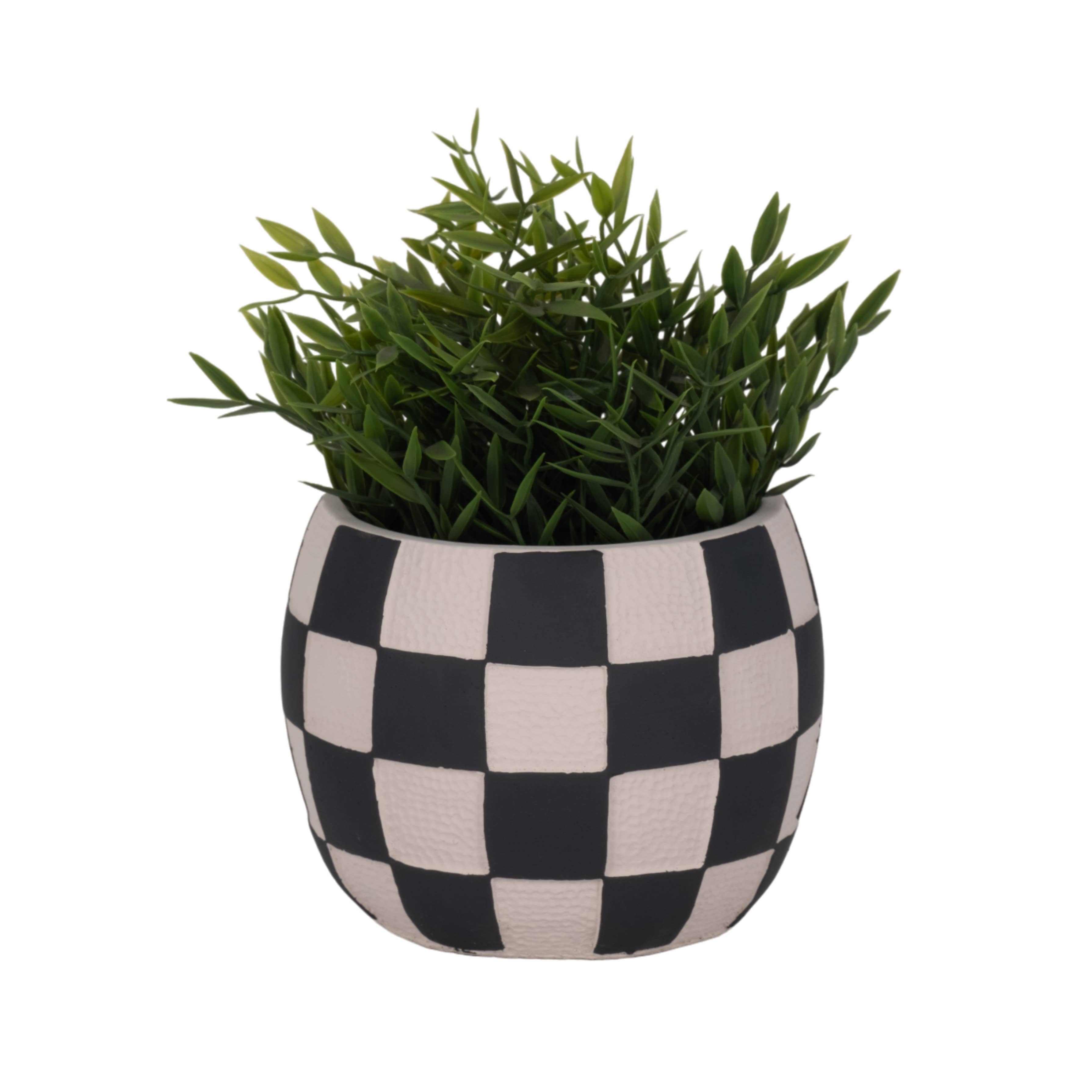 Planter - Black/White Pottery Checkerboard Rounded, 7 in.