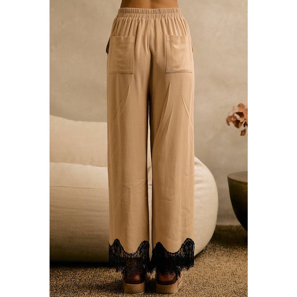 LINEN BLEND LACE TRIM PANTS