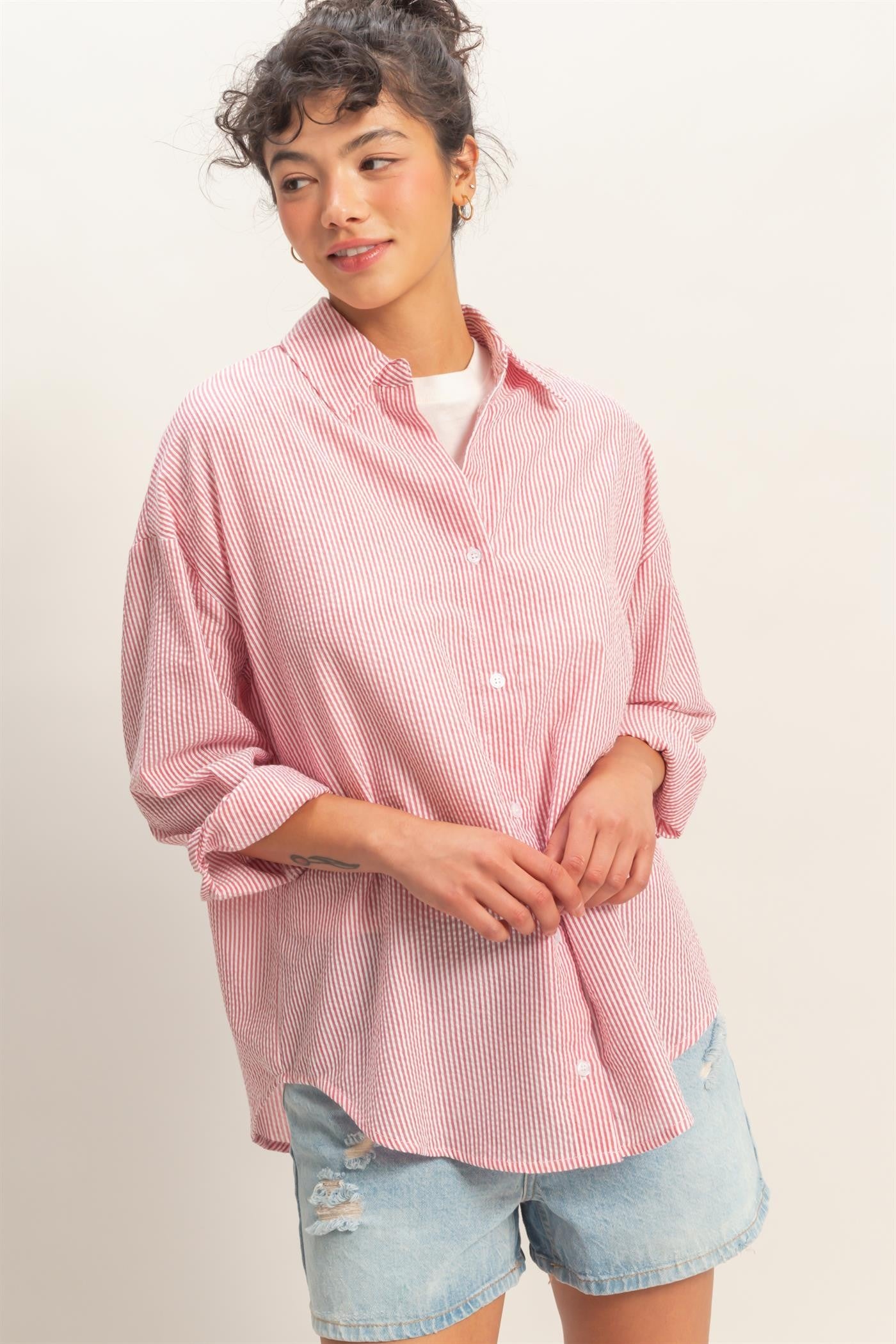 Striped Button-up Shirt-Red